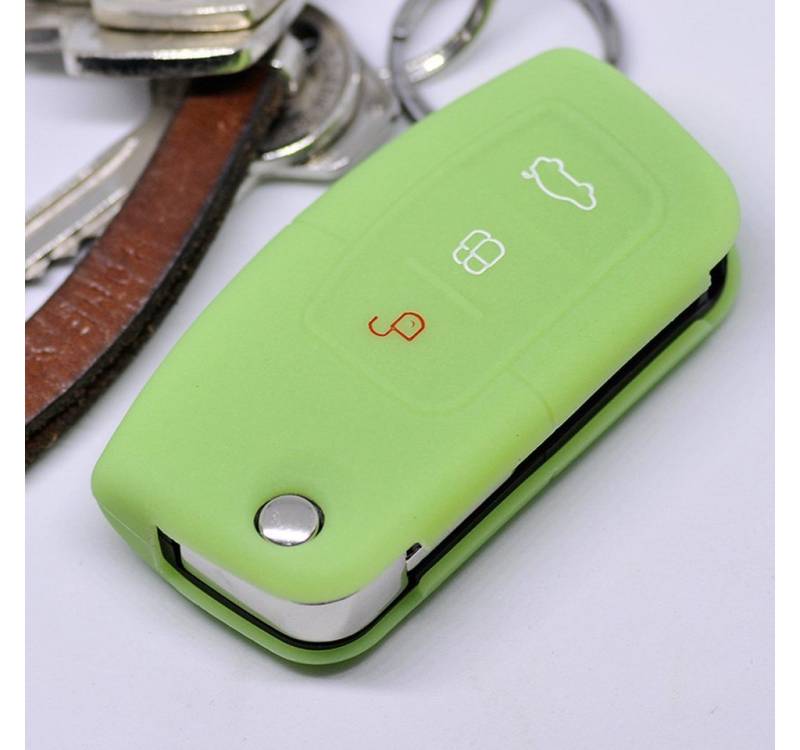 mt-key Schlüsseltasche Autoschlüssel Softcase Silikon Schutzhülle fluoreszierend Grün, für Ford Focus Fiesta Ecosport S-Max Kuga C-Max 3 Knopf Klappschlüssel von mt-key