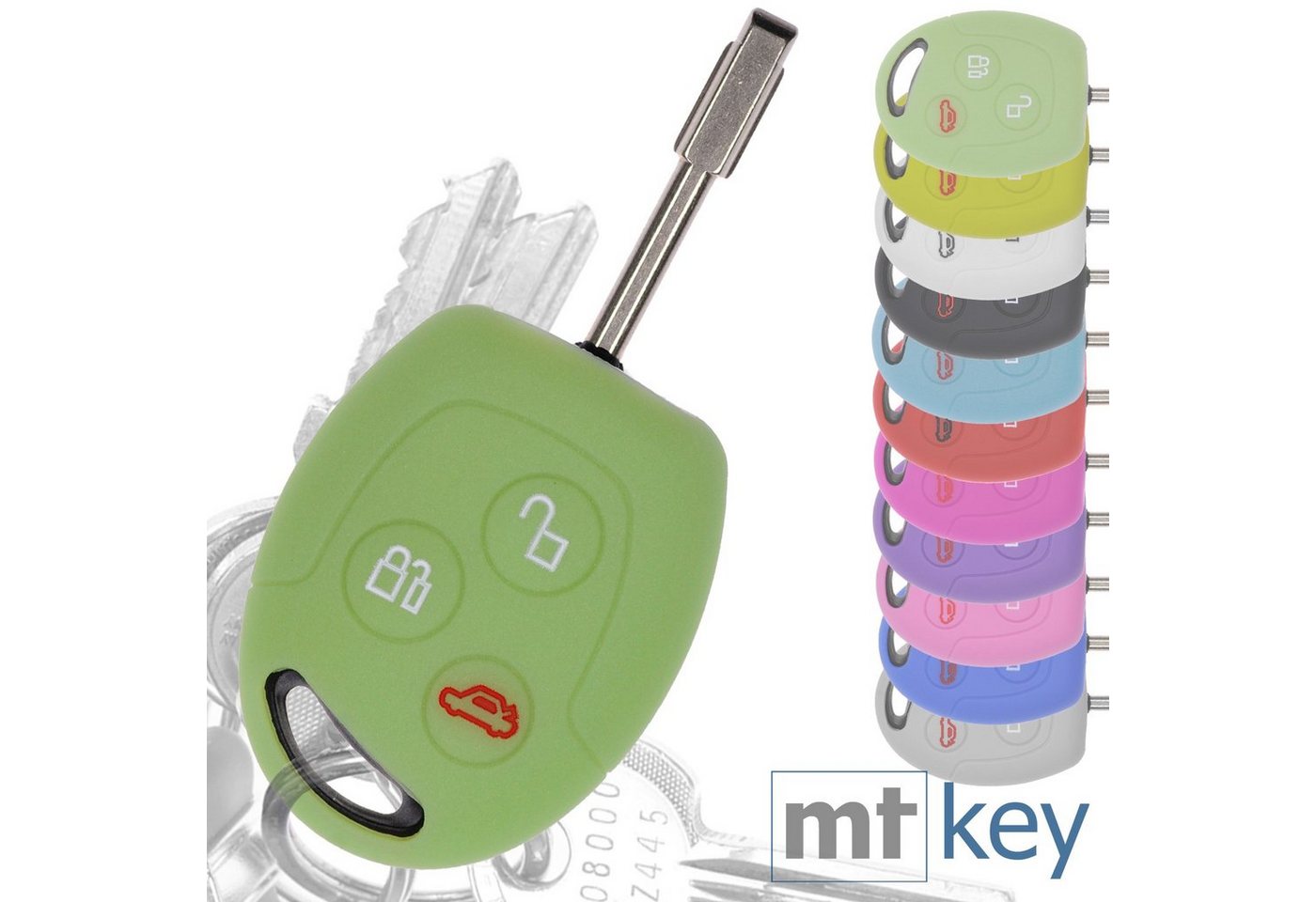 mt-key Schlüsseltasche Autoschlüssel Softcase Silikon Schutzhülle fluoreszierend Grün, für Ford Transit Mondeo Focus II Fiesta VI Fusion Galaxy S-MAX 3 Knopf von mt-key