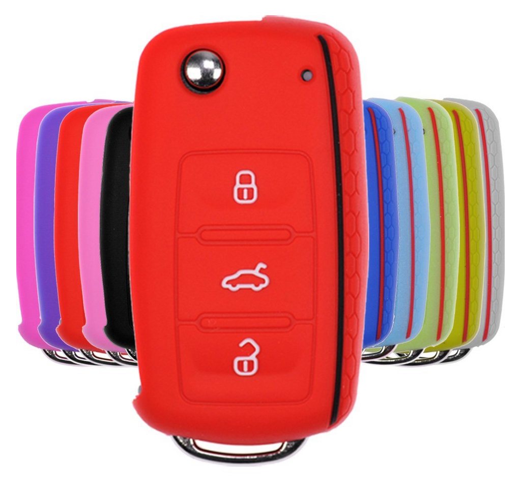 mt-key Schlüsseltasche Autoschlüssel Softcase Silikon Schutzhülle im Wabe Design Rot, für VW SEAT Skoda Golf 6 Octavia UP Leon ab 11/2009 3 Tasten von mt-key