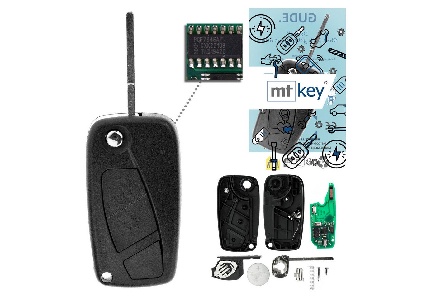 mt-key Schlüsseltasche Programmierbarer Funkschlüssel + Transponder + Rohling Typ: SIP22 (Set), für Citroen Nemo (07–15), Opel Combo D (IV, 12–18), Peugeot Bippe... von mt-key