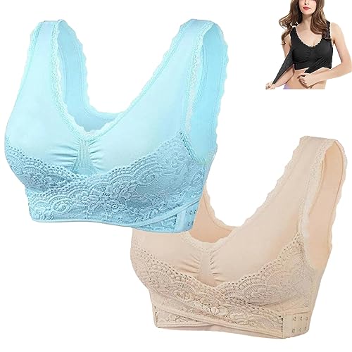 Kendally Bra, Comfy Corset Bra Front Cross Side Buckle Lace Bras, Kendally BH, Schlanker und Formender BH, Wireless Push Up Seamless Bra (L, Blau+Beige) von mugeleen