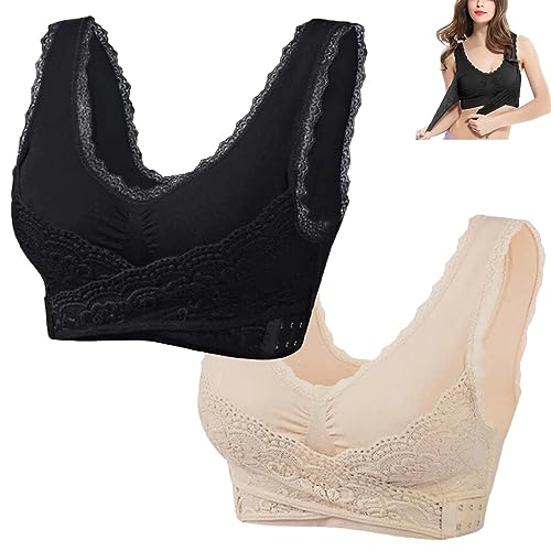 Kendally Bra, Comfy Corset Bra Front Cross Side Buckle Lace Bras, Kendally BH, Schlanker und Formender BH, Wireless Push Up Seamless Bra (M, Schwarz+Beige) von mugeleen