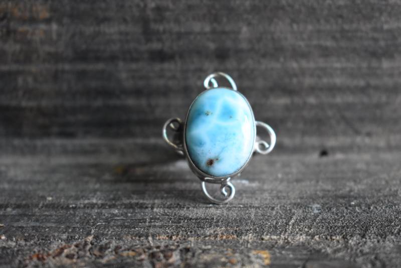 Natürlicher Larimarring, 925Er Silber Larimarring, Ring Ovale Form, Seltener Design-Silberring, Edelsteinring, Handgefertigter Larimarring von muktijewels