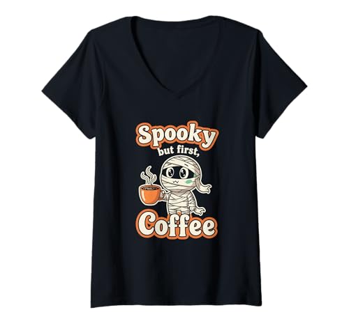 Damen Gruselige, Aber erste Kaffeemama T-Shirt mit V-Ausschnitt Damen Gruselige, Aber erste Kaffeemama T-Shirt mit V-Ausschnitt von mummy coffee spooky morning halloween latte spooky