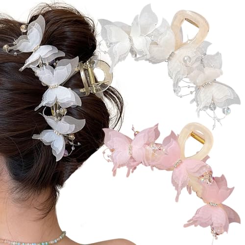 2 Stück Schmetterling Große Haarklammer Weiß Rosa Schmetterlings Haarspangen Für Damen Frauen Haarspange Claw Clip Haarschmuck Mit Perlen Strass Design Haar Accessoire Haaraccessoires Süßes Haarclip von muniway
