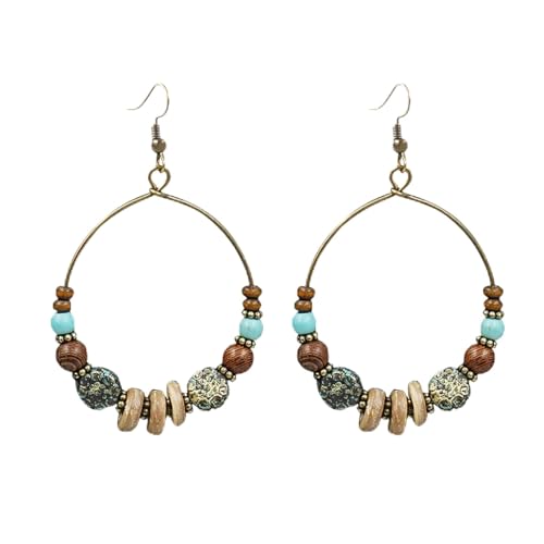 Böhmische große Kreis-Creolen für Frauen – Ethno-Stil mit Holzperlen und künstlichem Türkis, leichte Haken-Ohrringe für den täglichen Gebrauch/Boho-Outfits, Statement-Schmuckgeschenk von munufe