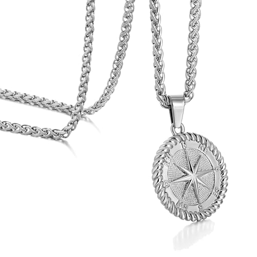 murtoo Kette Herren, Halskette mit Kompass Anhänger für Herren, Silber Münze Anhänger Weizenkette für Herren Damen, Edelstahl Halskette Geschenk für Herren Damen 55cm murtoo Kette Herren, Halskette mit Kompass Anhänger für Herren, Silber Münze Anhänger Weizenkette für Herren Damen, Edelstahl Halskette Geschenk für Herren Damen 55cm von murtoo