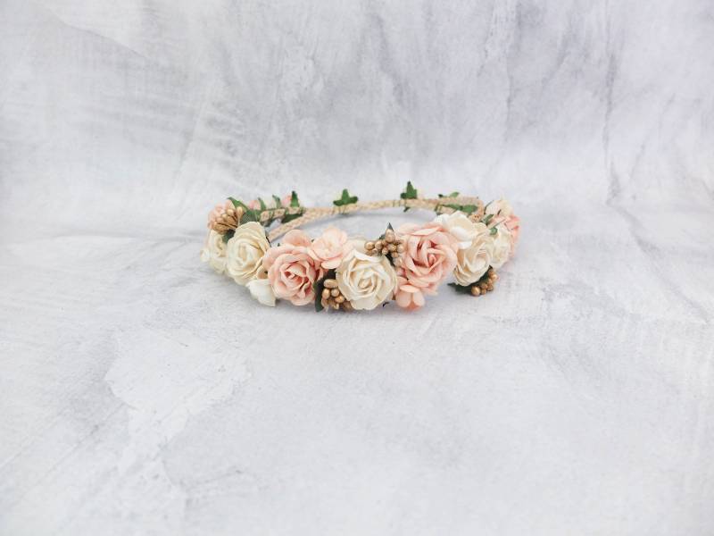 Elfenbein Pfirsich Rose Blumenkranz Goldbeere Hochzeit Kopfschmuck Elfenbein Pfirsich Rose Blumenkranz Goldbeere Hochzeit Kopfschmuck von musefleur
