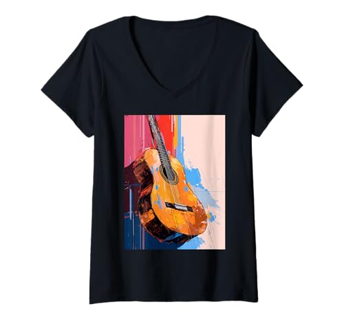 Damen Klassische Gitarre Zeichnung Kunstwerk T-Shirt mit V-Ausschnitt Damen Klassische Gitarre Zeichnung Kunstwerk T-Shirt mit V-Ausschnitt von music by guntah