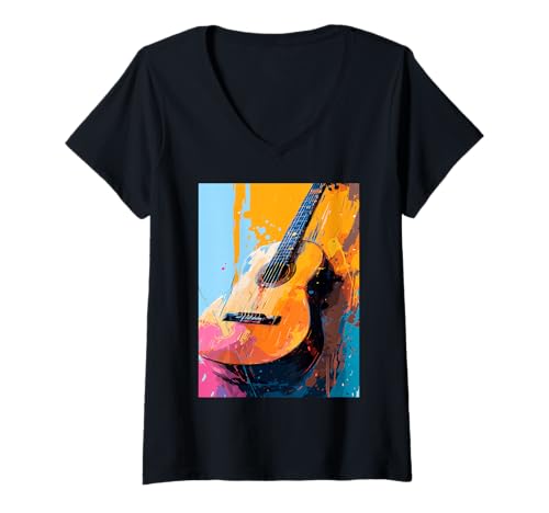 Damen Klassische Gitarre Zeichnung Kunstwerk T-Shirt mit V-Ausschnitt Damen Klassische Gitarre Zeichnung Kunstwerk T-Shirt mit V-Ausschnitt von music by guntah