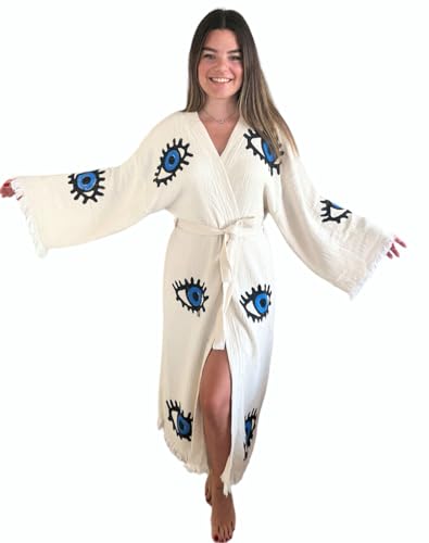 muslin babies muslin.babies Handgefertigter böser Blick-Kimono – Frauen Strand Cover Up – Festival Bohemian Robe – Boho Baumwolle Cardigan – Morgenmantel, Blaue Augen, Einheitsgröße von muslin babies