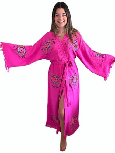 muslin babies Handgefertigter Böser Blick Kimono – Fuchsia Festival Frauen Kleidung – Bohemian Robe – Boho Baumwolle Cardigan – Morgenmantel, Fuchsia, Einheitsgröße von muslin babies