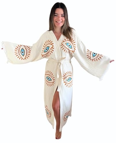 muslin babies muslin.babies Handgefertigter böser Blick-Kimono – Frauen Strand Cover Up – Festival Bohemian Robe – Boho Baumwolle Cardigan – Morgenmantel, Goldene Augen, Einheitsgröße von muslin babies