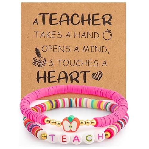 muzoira Geschenkset für Lehrertag, buntes Polymer-Buchstaben-Armband und Anhänger, Unisex, 2-teiliges Schmuck, Einheitsgröße von muzoira