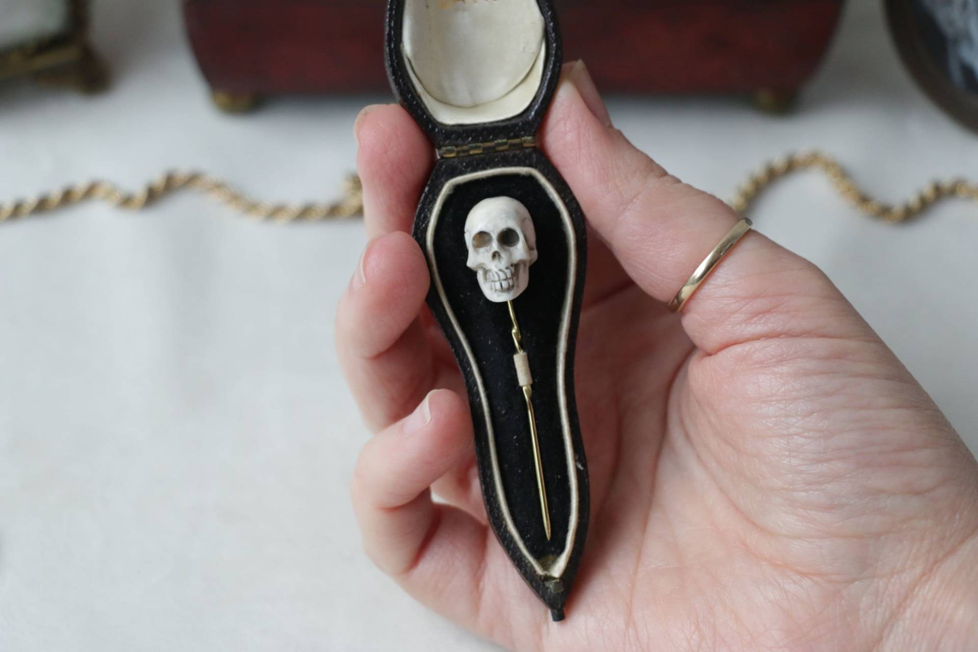 Antike 15 Karat Gold Schädel Pin Und Antike Box Mit Motte Gemälde Von Irene Owens Antike 15 Karat Gold Schädel Pin Und Antike Box Mit Motte Gemälde Von Irene Owens von mvcgems