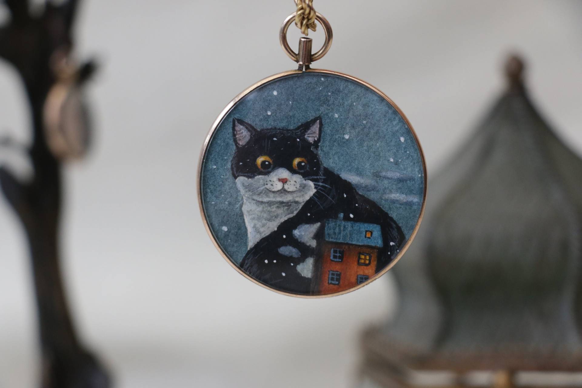 Nachthimmel Katze Und Frau Im Mond - Antikes Medaillon Gemälde Von Irene Owens Nachthimmel Katze Und Frau Im Mond - Antikes Medaillon Gemälde Von Irene Owens von mvcgems