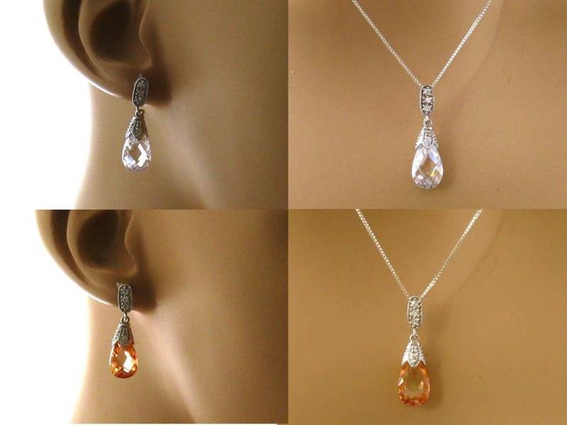 Klares Schmuckset, Faux Diamond Set, Klare Kristall Halskette Und Ohrringe, Sterling Silber von mwhitejewelry