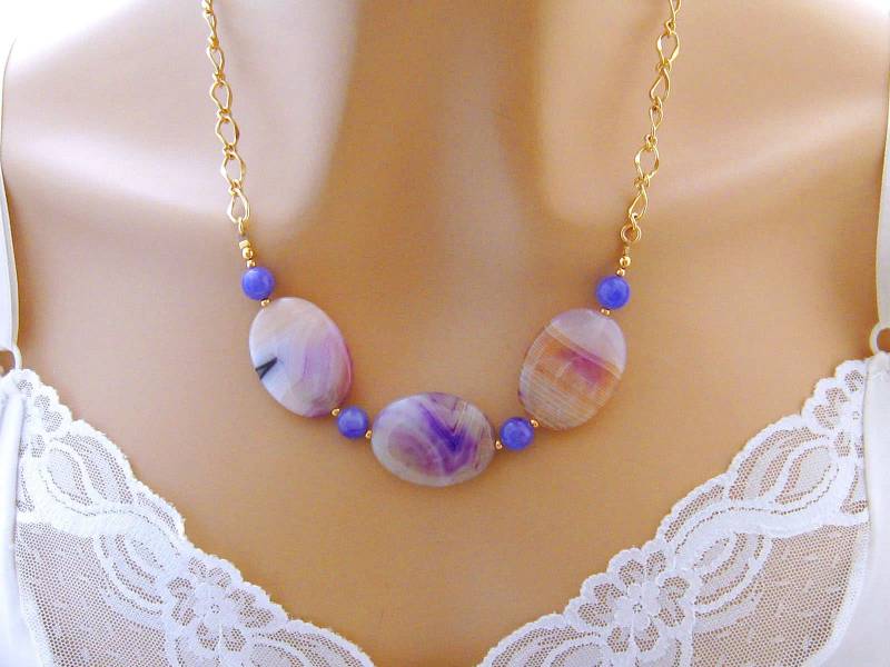 Lila Stein Halskette, Goldkette, Naturstein Schmuck, Unikat Geschenk Für Sie, Einzigartige Schmuck Geschenke Frauen von mwhitejewelry