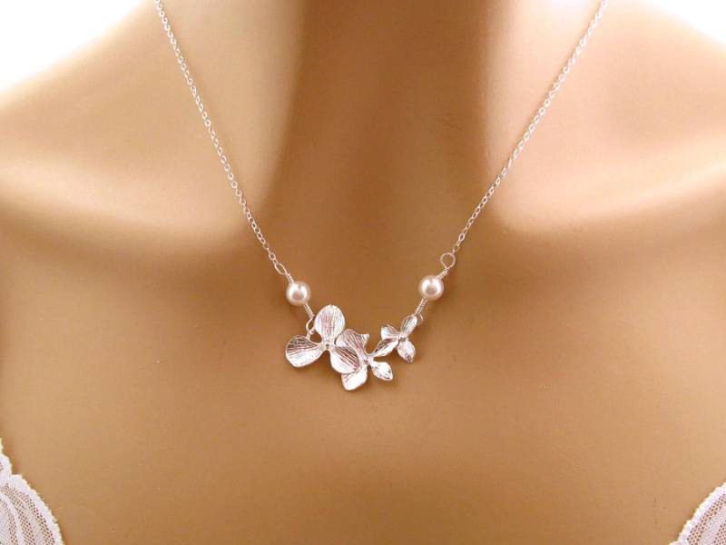 Orchidee Blume Halskette, Perle Und Brautjungfer Halskette Hochzeitsschmuck, Jugendstil Schmuck, Mutter Schwester Frau Geschenk von mwhitejewelry