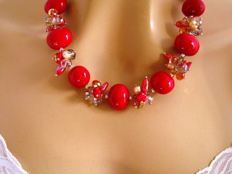 Rote Statement Kette Und Ohrringe Set, Schmuck Für Besondere Anlässe, Roter von mwhitejewelry