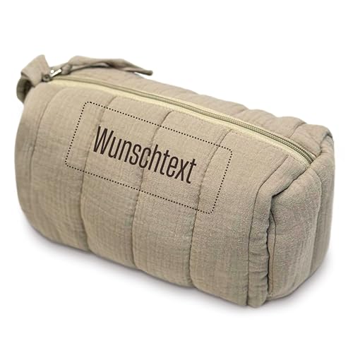 Musselin Kosmetiktasche mit Text oder Motiv Bestickt - Personalisierte Schminktasche ideal als Organizer für Reisen (Taupe) von my STITCHERY