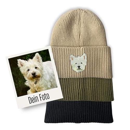 my STITCHERY Mütze personalisiert mit Ihrem Haustier Bestickt - Beanie aus hochwertigem Strick Tierliebhaber (Recycelte Polyester-Mischung, Beige) von my STITCHERY