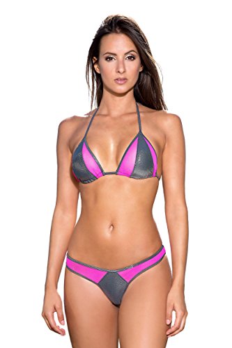 my sexy bikini - Triangel Bikini Bademode Damen - Bounty - DREI Teilen : Tanga und String Bi-Material anthrazit Fuchsia (Unter: 34/36 | BH: 1) von my sexy bikini