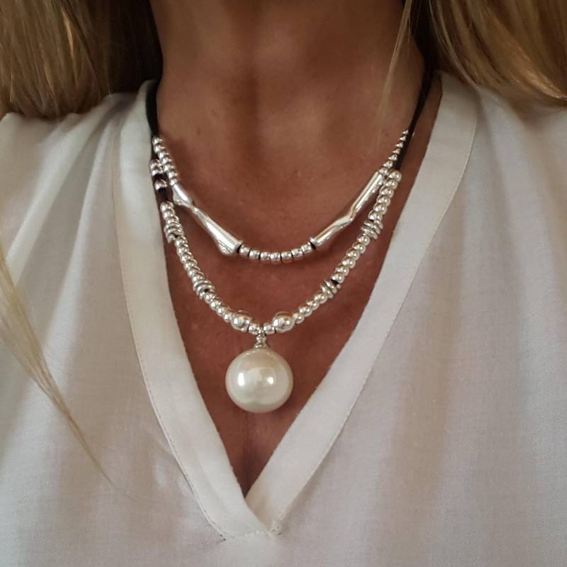 Lässige Sportlich Elegante Frauen Lederkette Zweireihig Mit Großer Runder Schmuckperle, Zweireihige Auffällige Im Unode50 Stil von myDemimore