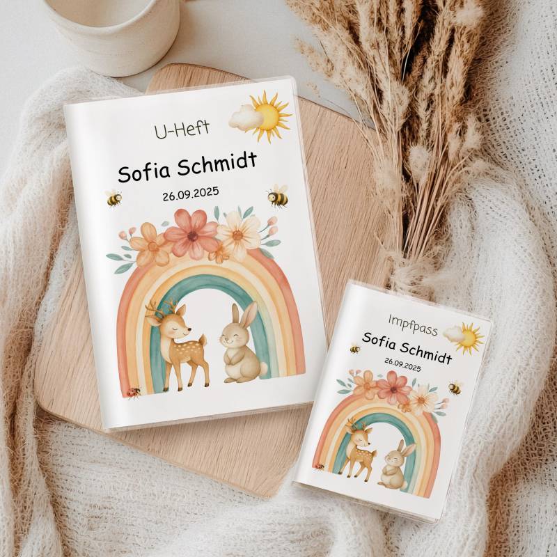 U Heft Hülle & Impfpass Personalisiert Regenbogen Boho | Geschenk Zur Geburt Set Oder Einzeln Wählbar Mit Zusatzfach von myPrintyDE