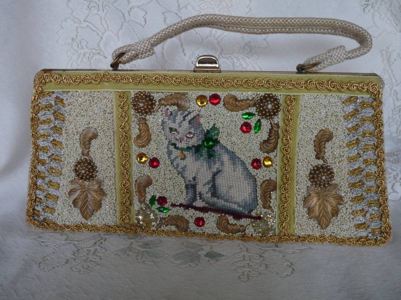 Rare - Caron Of Houston Texas 1950's Off White Hand Bag Purse ~ Nadelspitze Weiße Katze Mit Pailletten & Strass von mySERENDIPITYresales