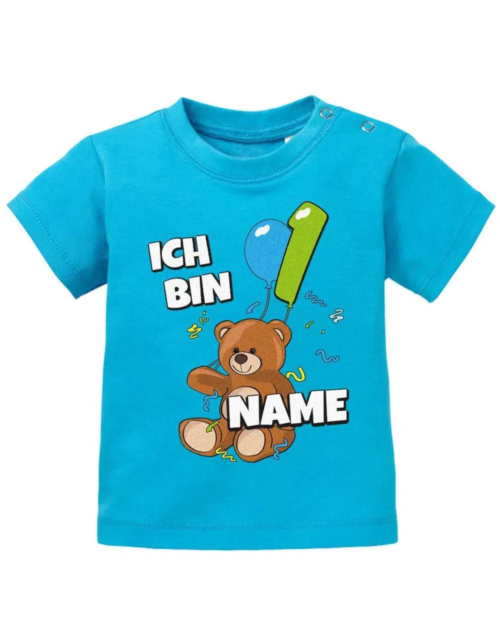 Ich Bin 1 - Teddy Mit Luftballon Erster Geburtstag Personalisiert Name Baby Shirt von myShirtStore