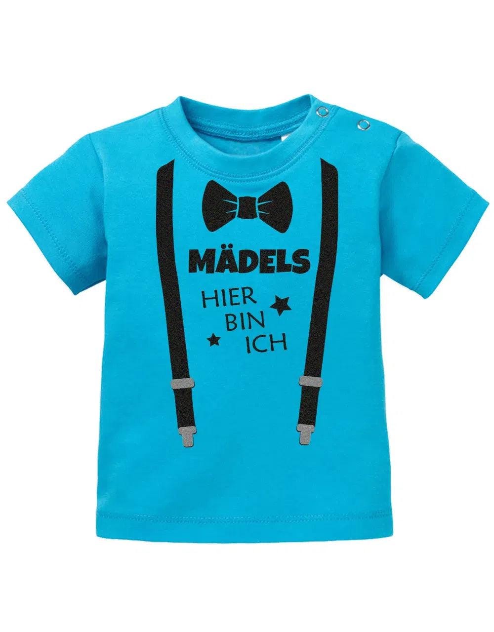 Mädels Hier Bin Ich Fliege Und Hosenträger Zur Geburt - Baby Sprüche Shirt von myShirtStore