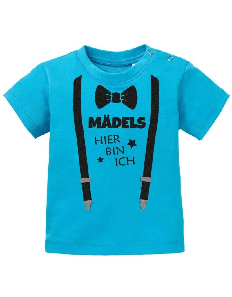 Mädels Hier Bin Ich Fliege Und Hosenträger Zur Geburt - Baby Sprüche Shirt von myShirtStore