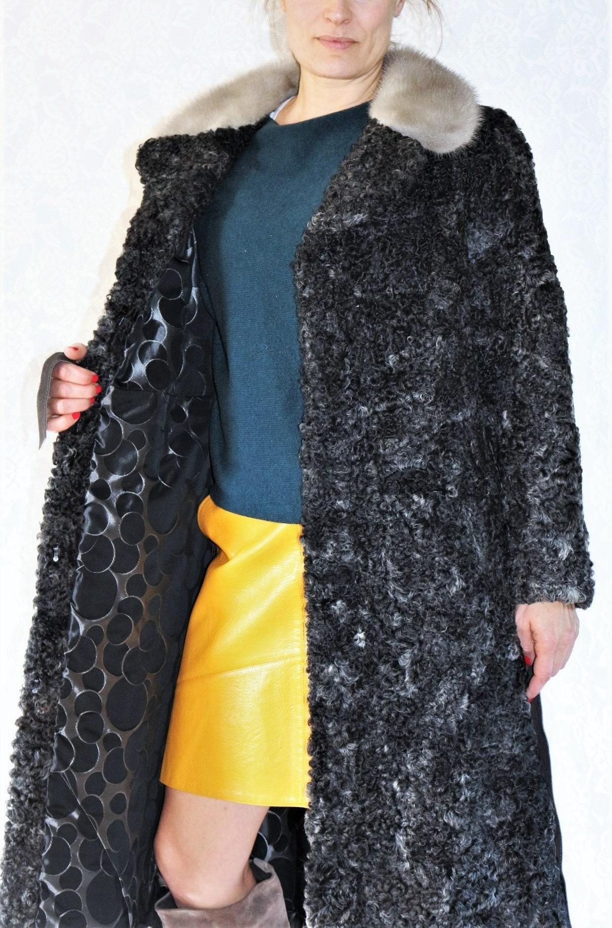 60Er Pelz Mantel Eu/De Gr. 38 Nerzkragen 70Er Vintage Persianer Wintermantel Fell Boho Pelzmantel Elegant Grau Schwarz von myVINTAGEsoulandpain