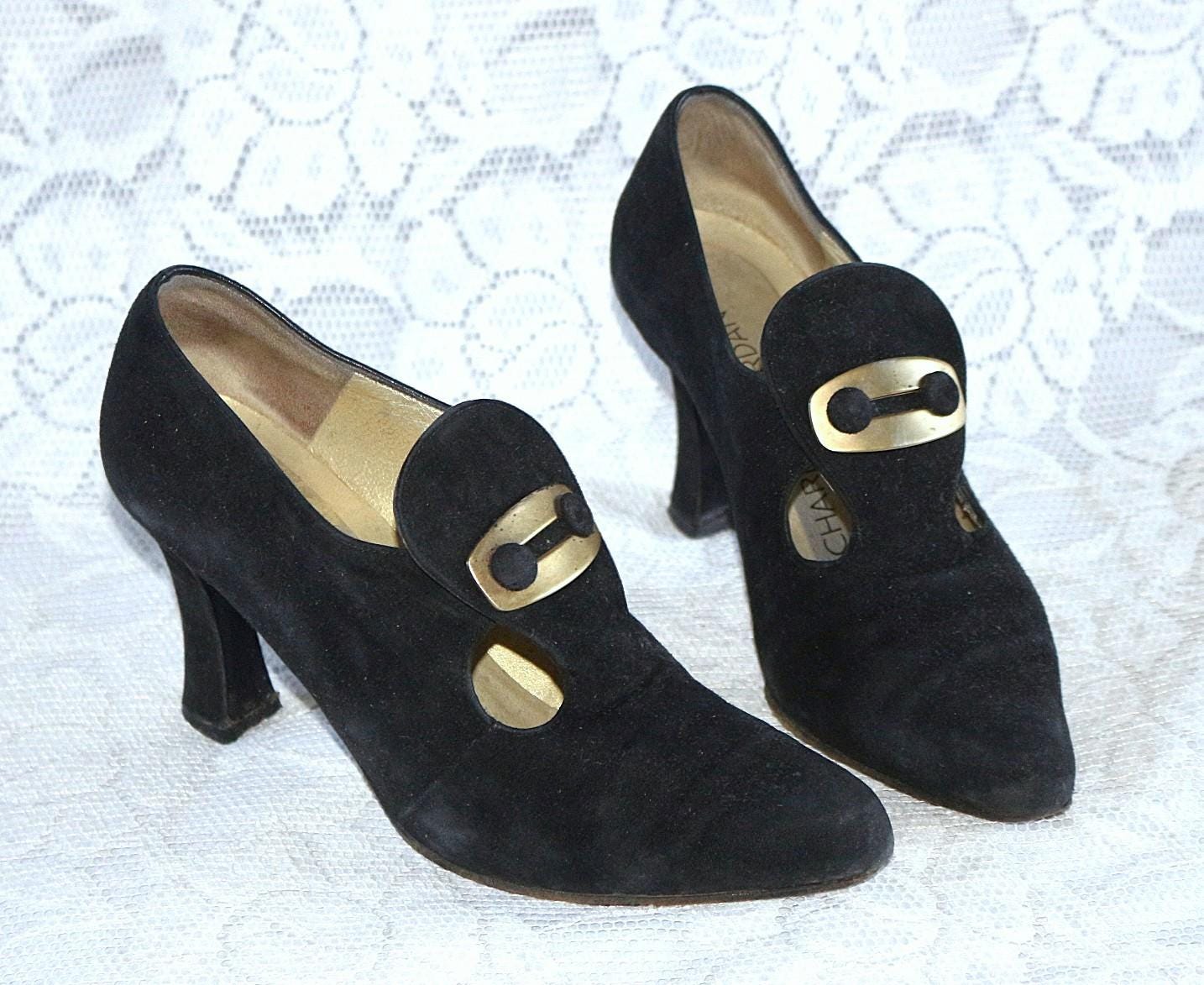 70Er 80Er Pumps Eu/De Gr. 35 36 Wildleder Charles Jourdan Messing Element High Heel von myVINTAGEsoulandpain