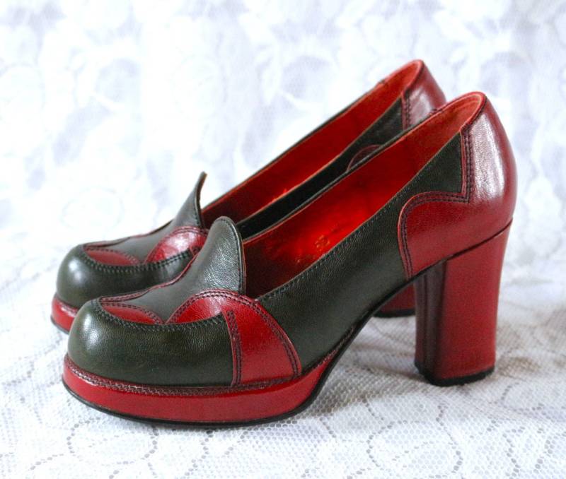 70Er Hippie Schuhe Eu/De Gr.34 35 Plateau Leder Boho Slipper High Heel Pumps Vintage Grün Rot von myVINTAGEsoulandpain