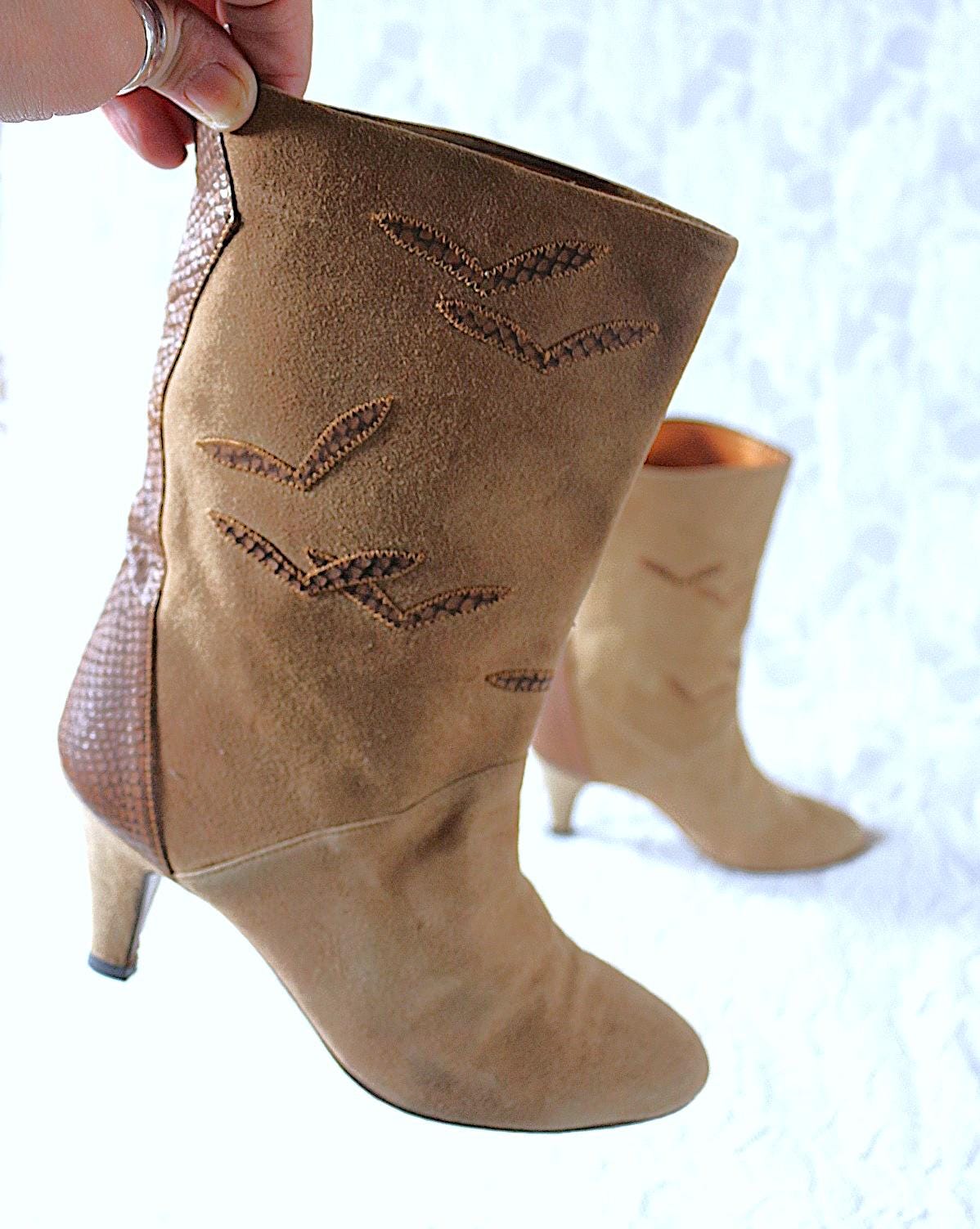 80Er Kurzstiefel Eu/De Gr.37 Boho Leder High Heel 8, 5cm Applikationen True Vintage Hackenstiefel von myVINTAGEsoulandpain