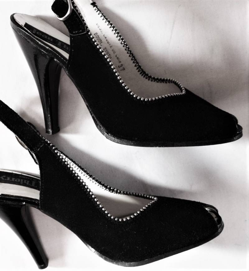 80Er Pumps Leder Eu/De Gr. 36 Wildleder Slingbacks 10, 5cm Peeptoes High Heel Silberne Kügelchen Vintage Elegant von myVINTAGEsoulandpain