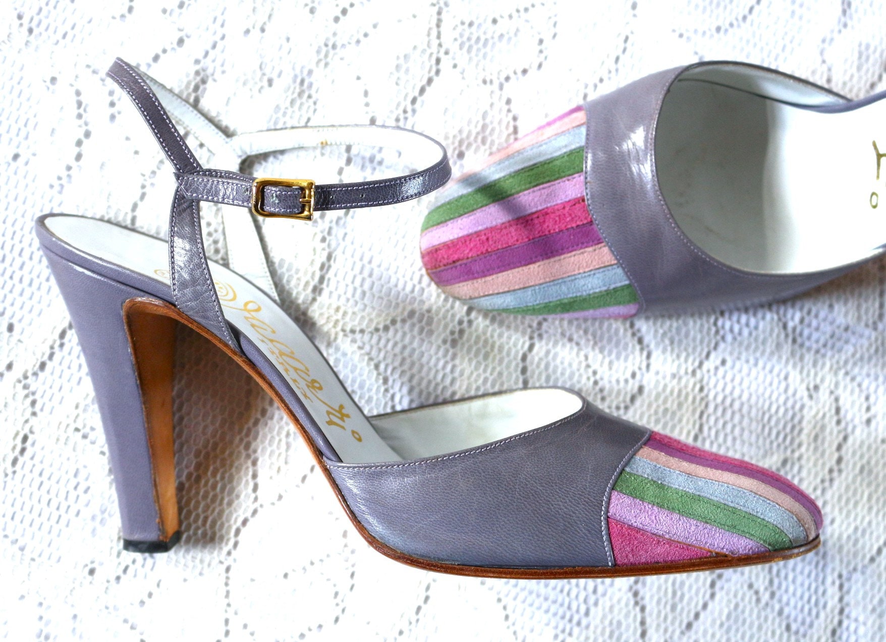 80Er Pumps Sandalette Eu/De Gr. 38 39 Elegant 10cm Edel Riemenpumps Bunt True Vintage von myVINTAGEsoulandpain