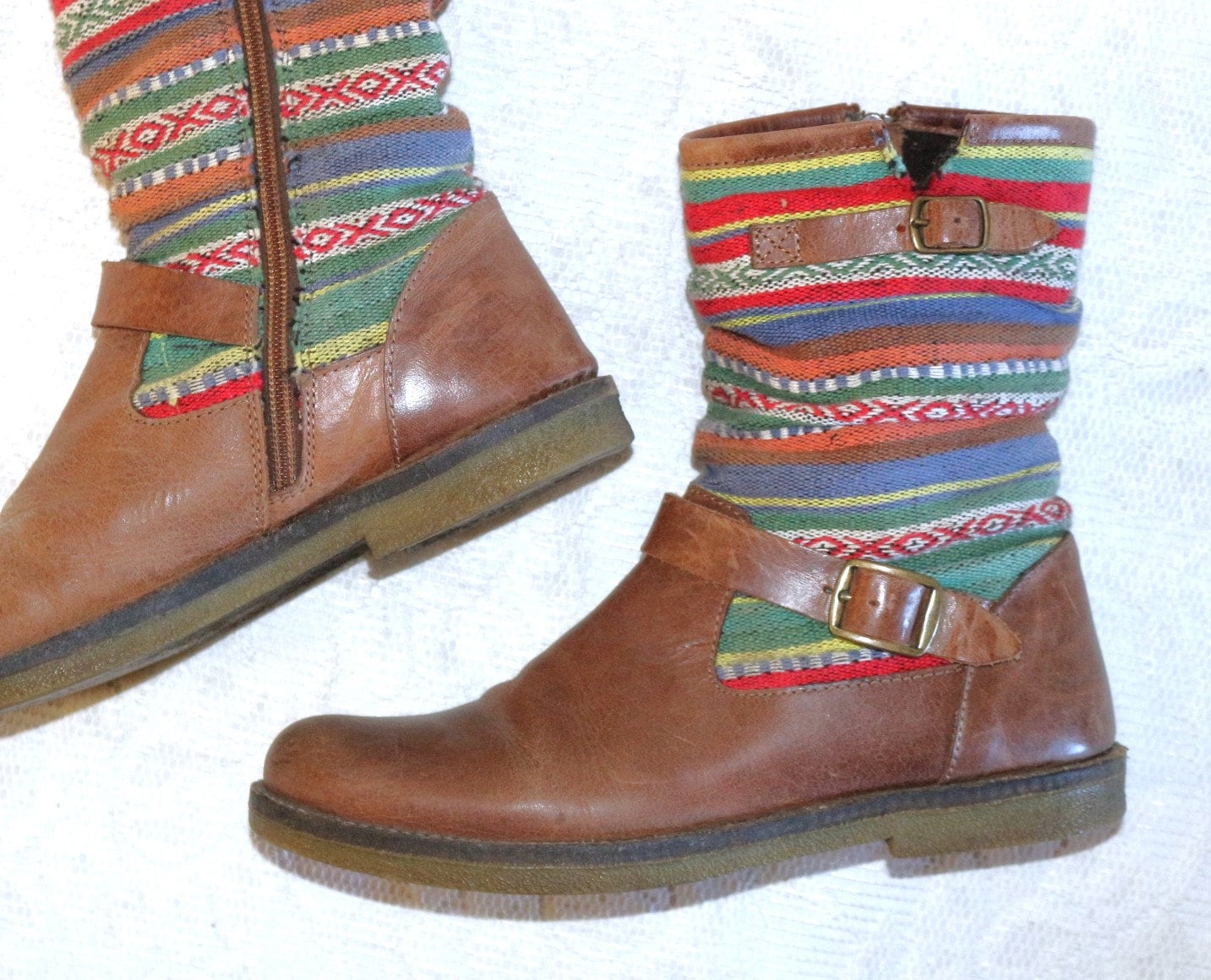 Boots Leder Webstoff Eu/De Gr.36 37 Boho Stiefelette Hippie Ethno Bunt Braune Booties von myVINTAGEsoulandpain