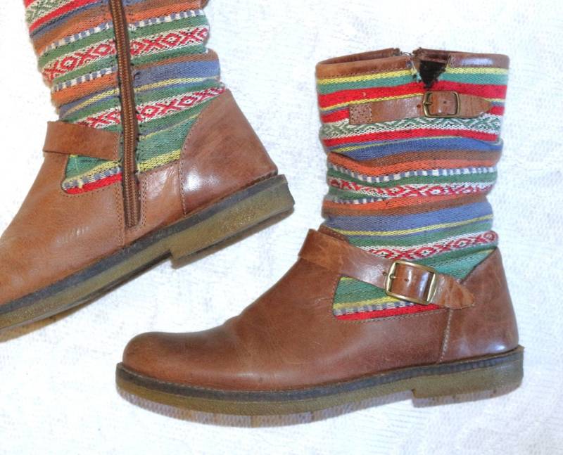Boots Leder Webstoff Eu/De Gr.36 37 Boho Stiefelette Hippie Ethno Bunt Braune Booties von myVINTAGEsoulandpain