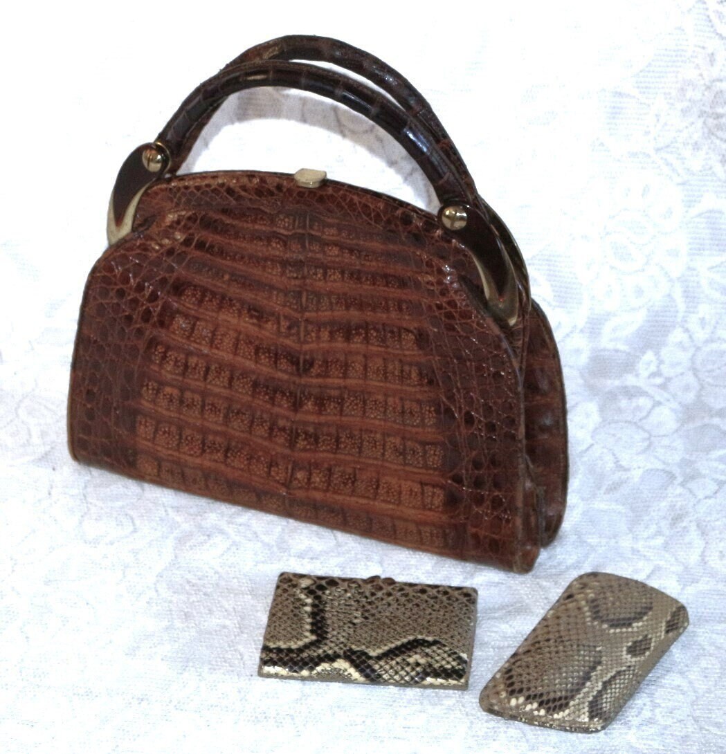 Handtasche Stabil 60Er 70Er + Börse Reptil Kroko Design Vintage Set Henkeltasche Chic von myVINTAGEsoulandpain