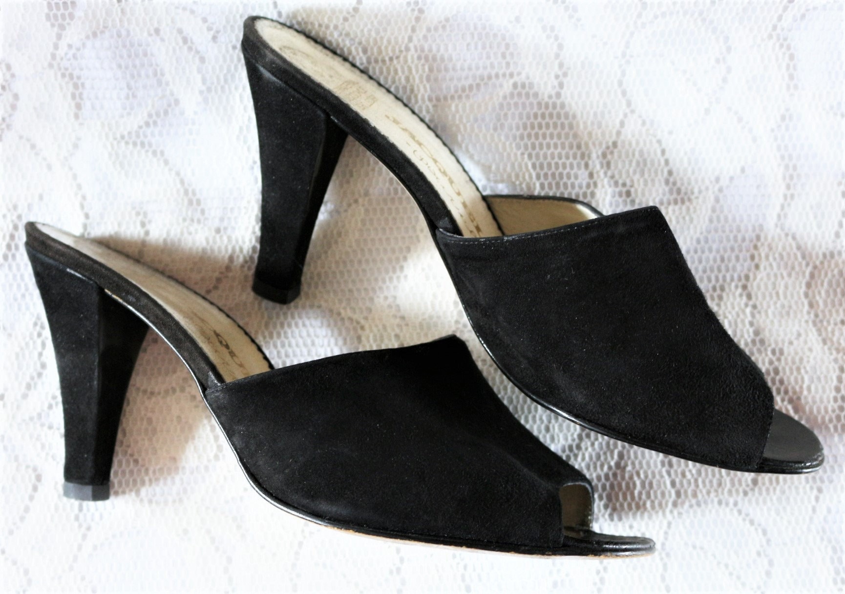 70Er 80Er Pantoletten Eu/De Gr. 39 Wildleder Slipper Peep Toe 9, 5cm Clogs True Vintage Mules Elegant Boho von myVINTAGEsoulandpain