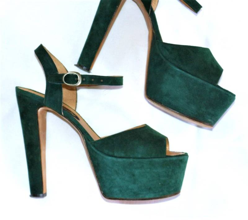 Leder Plateau Sandalen Eu/De Gr.38 37, 5 High Heel Wildleder Grün Vintage Boho Y2K 70Er Style von myVINTAGEsoulandpain