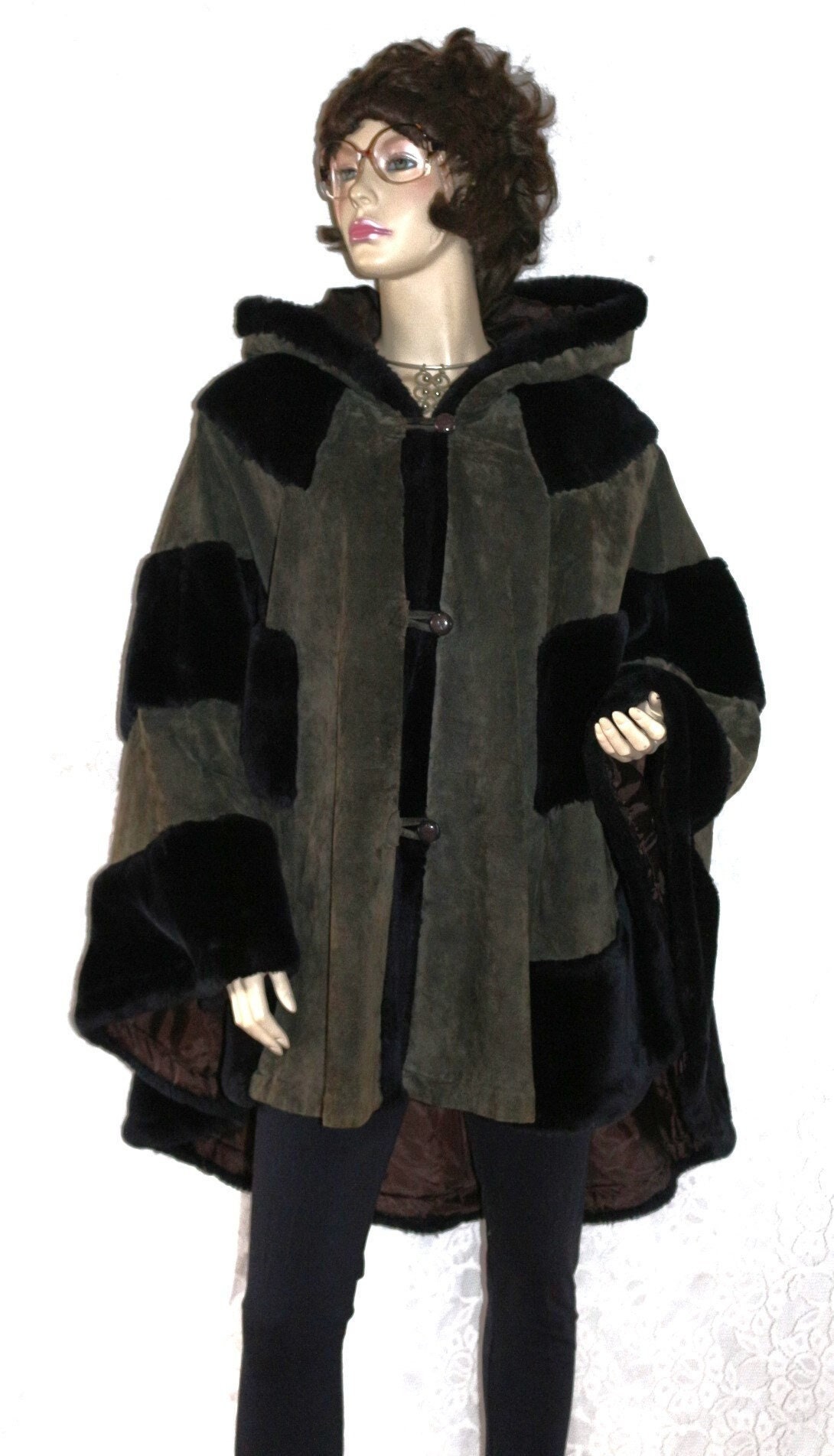 Leder Poncho 80Er Eu/De Gr. L Xl 40 42 44 Jacke Kunstfell Kapuze Vintage Y2K Wildleder Cape Olive Schwarz von myVINTAGEsoulandpain