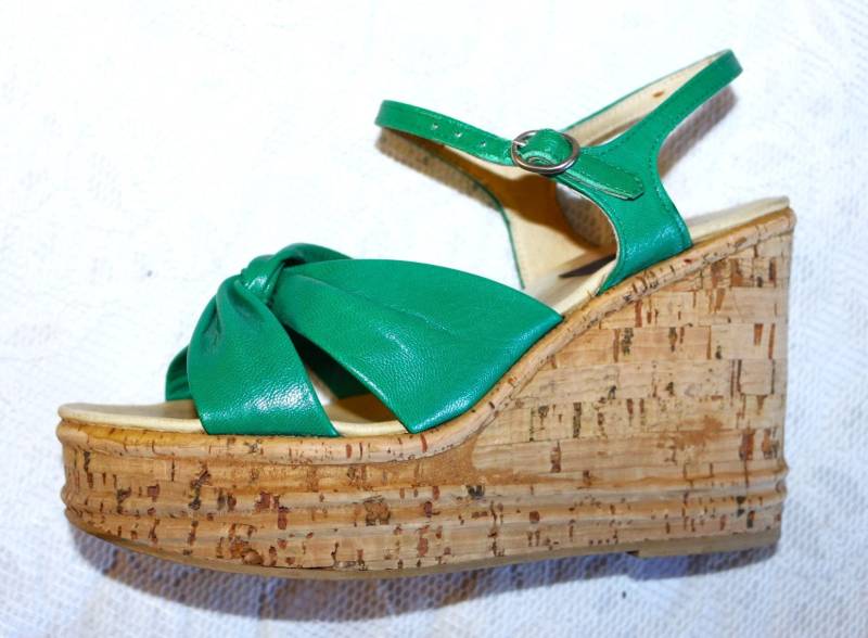 Plateau Sandalen Eu/De Gr. 38 Leder Kork 70Er 80Er Hippie Boho 4cm/11cm Grün von myVINTAGEsoulandpain