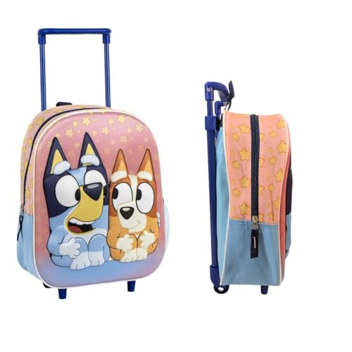 mybagstory - Rolltasche Bluey 3D – Kinder 31 x 25 x 10 cm – 1 Reißverschlussfach – Trolley mit 2 Rädern – Relief-Effekt – ideal für Kindergarten, Urlaub oder Ausflüge von mybagstory