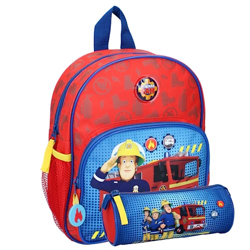 mybagstory - Rucksack - 2-teiliges Set - Feuerwehrmann Sam - Rot - Kinder - Schule - Kindergarten - Grundschule - Schulranzen Jungen - Größe 29 cm - verstellbare Träger - Geschenkidee + Federmäppchen von mybagstory