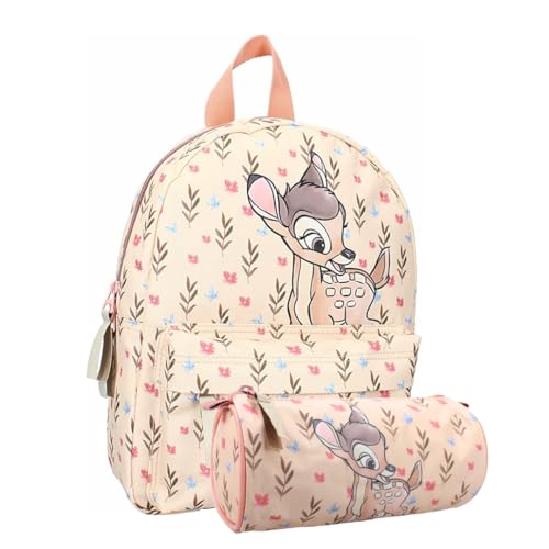 mybagstory Rucksack – Bambi – 2-teiliges Set – Kinder – Schule – Grundschule – Kindergarten – Schulranzen für Mädchen – Größe 31 cm – verstellbare Träger + Federmäppchen – Geschenkidee, beige, 31 cm von mybagstory