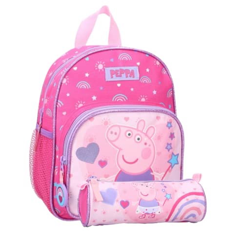 mybagstory - Rucksack Peppa Wutz – Rosa – Kinder – Schule – Primär – Materal – Stickerei – Krippe – Schulranzen für Mädchen – Größe 29 cm – verstellbare Träger + Federmäppchen, Rosa von mybagstory